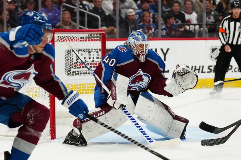 Oct 12, 2022; Denver, Colorado, USA; Colorado Avalanche goaltender Alexandar Georgiev (40) defends the net in the first period against the Chicago Blackhawks at Ball Arena. Mandatory Credit: Ron Chenoy-USA TODAY Sports