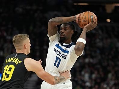 MINNEAPOLIS, MN -  NOVEMBER 30 :  Naz Reid #11 of the Minnesota Timberwolves handles the ball during the game against the Utah Jazz on November 30, 2023 at Target Center in Minneapolis, Minnesota. NOTE TO USER: User expressly acknowledges and agrees that, by downloading and or using this Photograph, user is consenting to the terms and conditions of the Getty Images License Agreement. Mandatory Copyright Notice: Copyright 2023 NBAE (Photo by Jordan Johnson/NBAE via Getty Images)