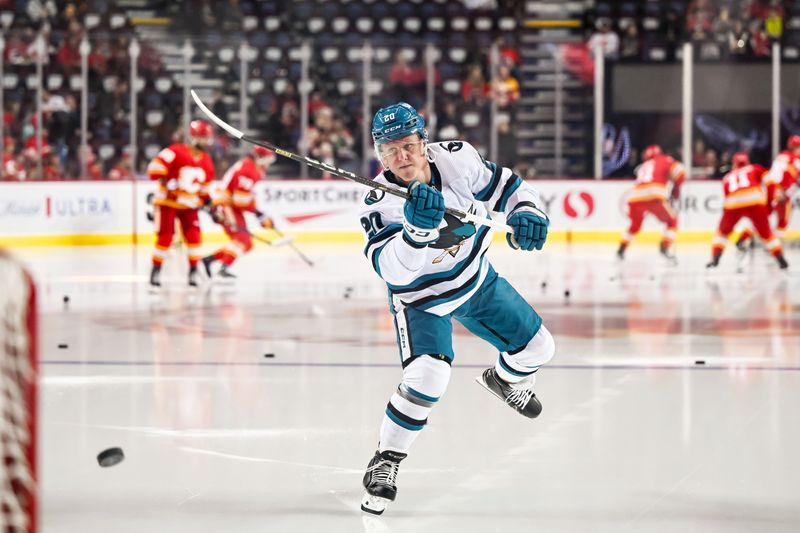 Feb 15, 2024; Calgary, Alberta, CAN; San Jose Sharks left wing Fabian Zetterlund (20) warms up before a game against the Calgary Flames at Scotiabank Saddledome. Mandatory Credit: Brett Holmes-USA TODAY Sports