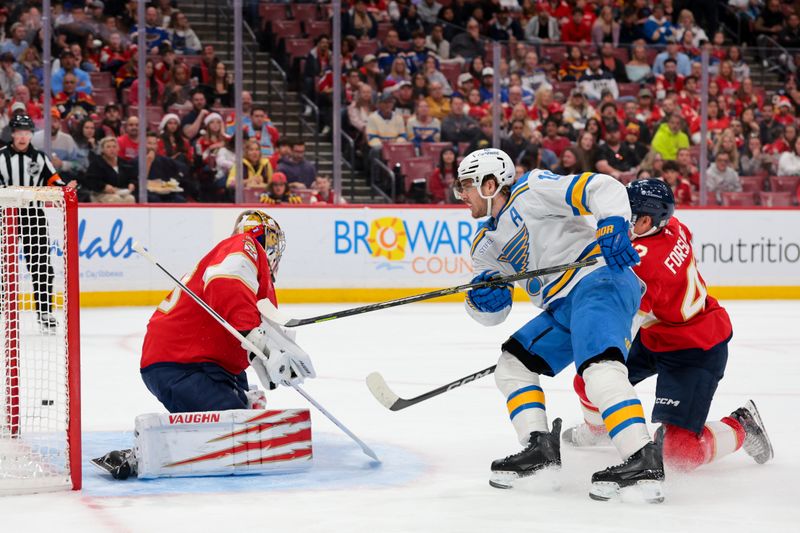 Dec 20, 2025; Sunrise, Florida, USA; St. Louis Blues center Robert Thomas (18) shoots the puck as Florida Panthers goaltender Daniil Tarasov (40) defends his net during the first period at Amerant Bank Arena. Mandatory Credit: Sam Navarro-Imagn Images