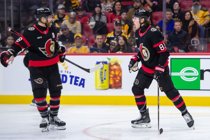 Jan 18, 2025; Ottawa, Ontario, CAN; Ottawa Senators right wing Adam Gaudette (81) celebrates with right wing Claude Giroux (28) his goal scored in the first period against the Boston Bruins at the Canadian Tire Centre. Mandatory Credit: Marc DesRosiers-Imagn Images