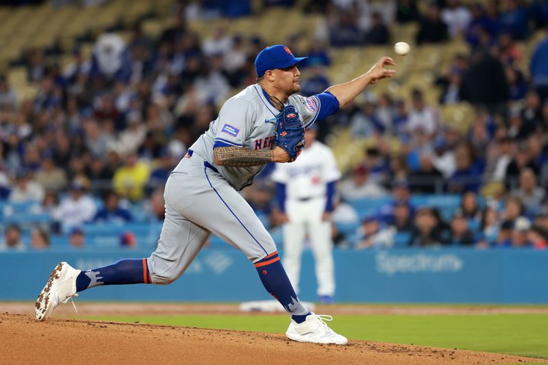 Apr 19, 2024; Los Angeles, California, USA;  New York Mets pitcher Sean Manaea (59) pitches during the second inning against the Los Angeles Dodgers at Dodger Stadium. Mandatory Credit: Kiyoshi Mio-USA TODAY Sports