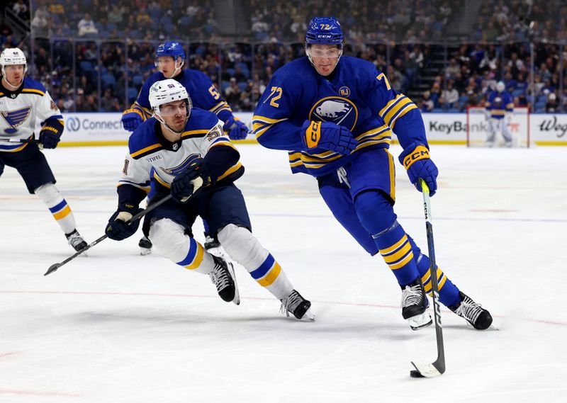 Feb 10, 2024; Buffalo, New York, USA;  Buffalo Sabres right wing Tage Thompson (72) carries the puck as St. Louis Blues defenseman Matthew Kessel (51) watches during the second period at KeyBank Center. Mandatory Credit: Timothy T. Ludwig-USA TODAY Sports