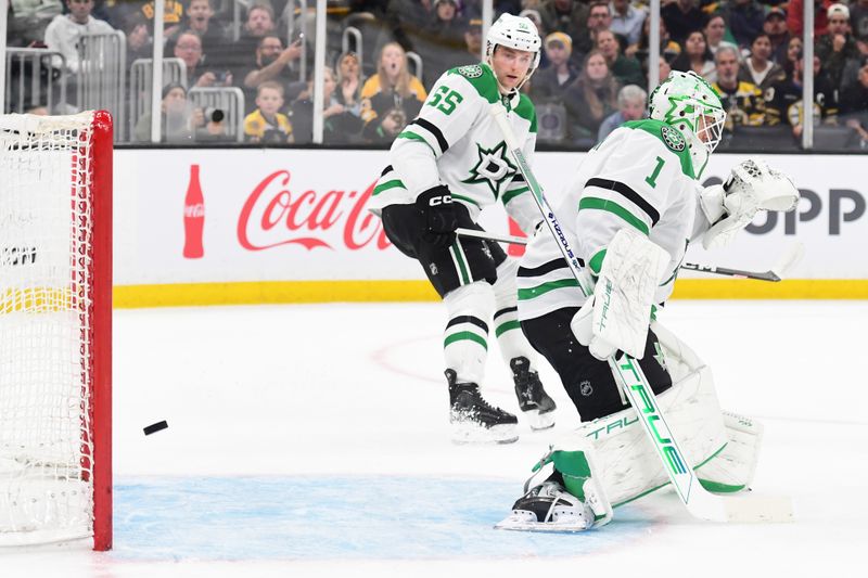 Oct 24, 2024; Boston, Massachusetts, USA;  Boston Bruins right wing David Pastrnak (88) (not pictured) scores a goal past Dallas Stars goaltender Casey DeSmith (1) during the first period at TD Garden. Mandatory Credit: Bob DeChiara-Imagn Images