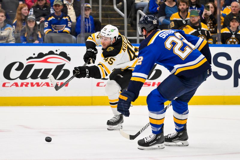 Nov 12, 2024; St. Louis, Missouri, USA;  Boston Bruins left wing Cole Koepke (45) shoots as St. Louis Blues defenseman Ryan Suter (22) defends during the first period at Enterprise Center. Mandatory Credit: Jeff Curry-Imagn Images