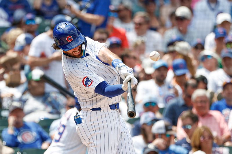 Jun 19, 2024; Chicago, Illinois, USA; Chicago Cubs shortstop Dansby Swanson (7) hits a solo home run against the Chicago Cubs during the fourth inning at Wrigley Field. Mandatory Credit: Kamil Krzaczynski-USA TODAY Sports