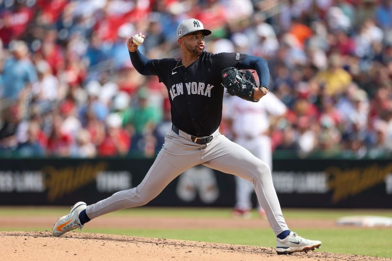 Mar 4, 2025; Clearwater, Florida, USA; New York Yankees pitcher Devin Williams (38) throws a pitch against the Philadelphia Phillies in the fourth inning during spring training at BayCare Ballpark. Mandatory Credit: Nathan Ray Seebeck-Imagn Images