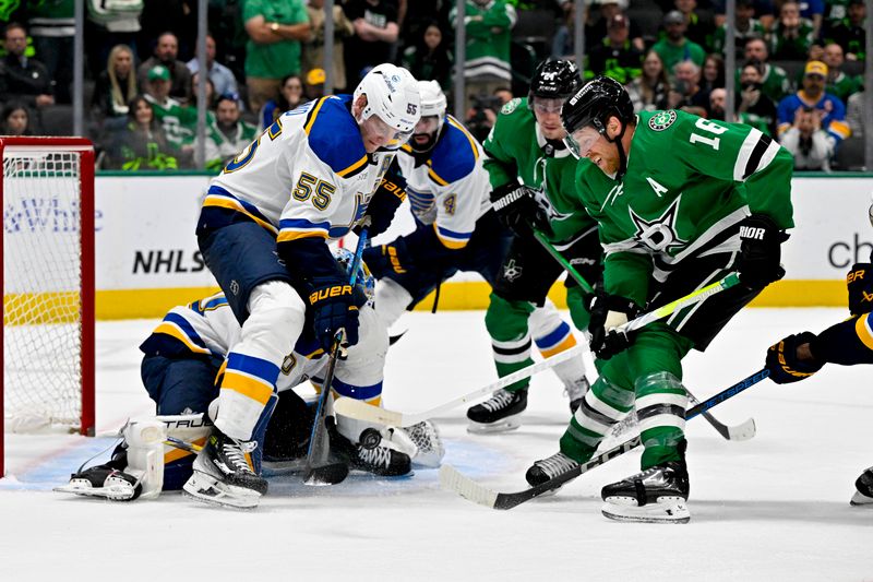 Apr 17, 2024; Dallas, Texas, USA; St. Louis Blues defenseman Colton Parayko (55) blocks a shot by Dallas Stars center Joe Pavelski (16) during the overtime period at the American Airlines Center. Mandatory Credit: Jerome Miron-USA TODAY Sports