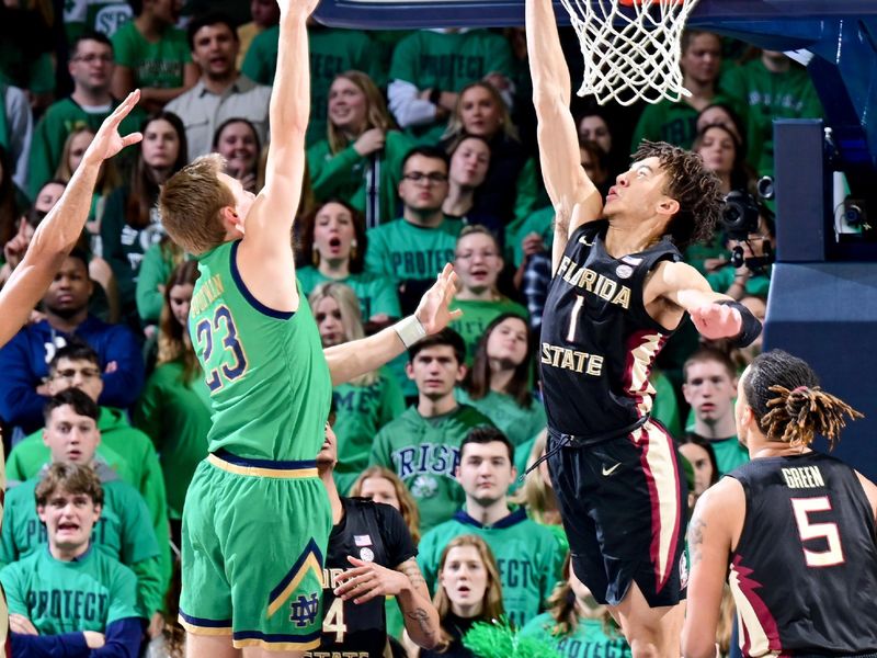 Jan 17, 2023; South Bend, Indiana, USA; Notre Dame Fighting Irish guard Dane Goodwin (23) goes up for a shot as Florida State Seminoles guard Jalen Warley (1) defends in the first half at the Purcell Pavilion. Mandatory Credit: Matt Cashore-USA TODAY Sports