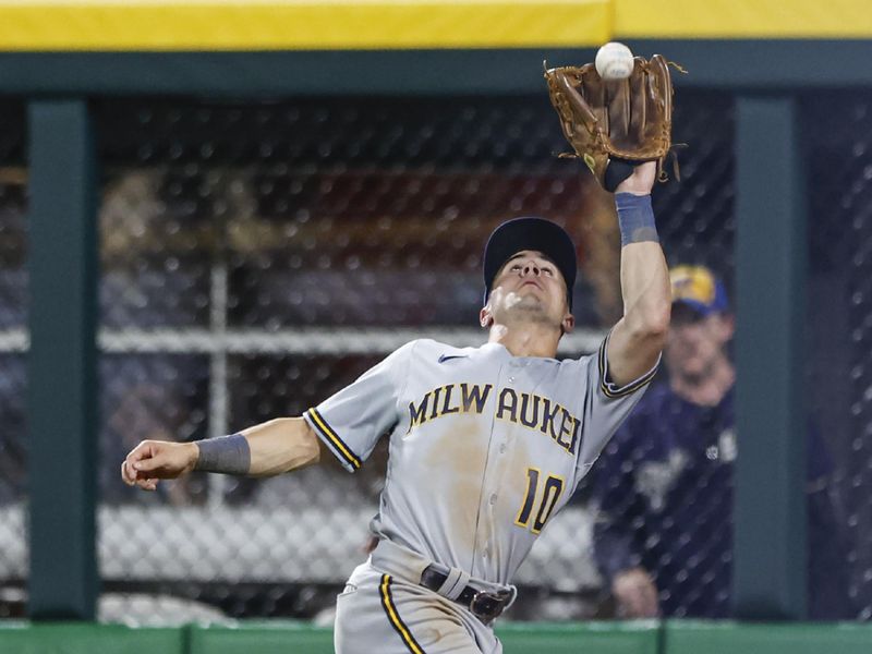 Aug 11, 2023; Chicago, Illinois, USA; Milwaukee Brewers outfielder Sal Frelick (10) catches a fly ball hit by Chicago White Sox designated hitter Eloy Jimenez (not pictured) during the fourth inning at Guaranteed Rate Field. Mandatory Credit: Kamil Krzaczynski-USA TODAY Sports