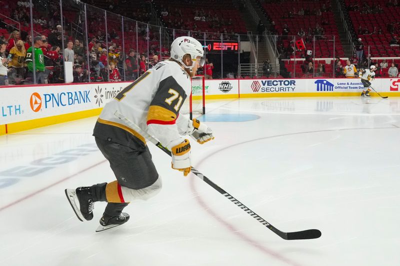 Mar 11, 2023; Raleigh, North Carolina, USA; Vegas Golden Knights center William Karlsson (71) heads out onto the ice before the game against the Carolina Hurricanes at PNC Arena. Mandatory Credit: James Guillory-USA TODAY Sports