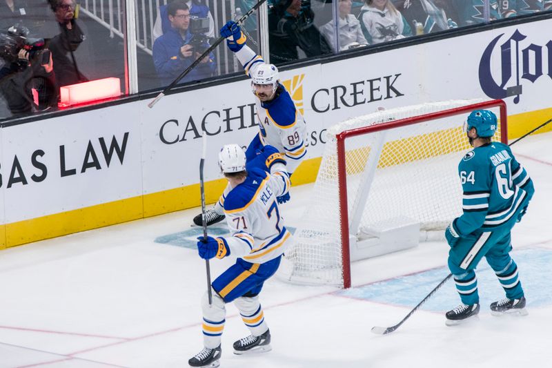 Nov 23, 2024; San Jose, California, USA; Buffalo Sabres right wing Alex Tuch (89) reacts after he scored a goal against the San Jose Sharks during the third period at SAP Center in San Jose. Mandatory Credit: John Hefti-Imagn Images