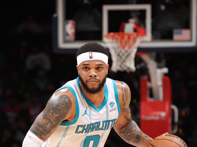 WASHINGTON, DC -? MARCH 8:  Miles Bridges #0 of the Charlotte Hornets handles the ball during the game  on March 8, 2024 at Capital One Arena in Washington, DC. NOTE TO USER: User expressly acknowledges and agrees that, by downloading and or using this Photograph, user is consenting to the terms and conditions of the Getty Images License Agreement. Mandatory Copyright Notice: Copyright 2024 NBAE (Photo by Stephen Gosling/NBAE via Getty Images)