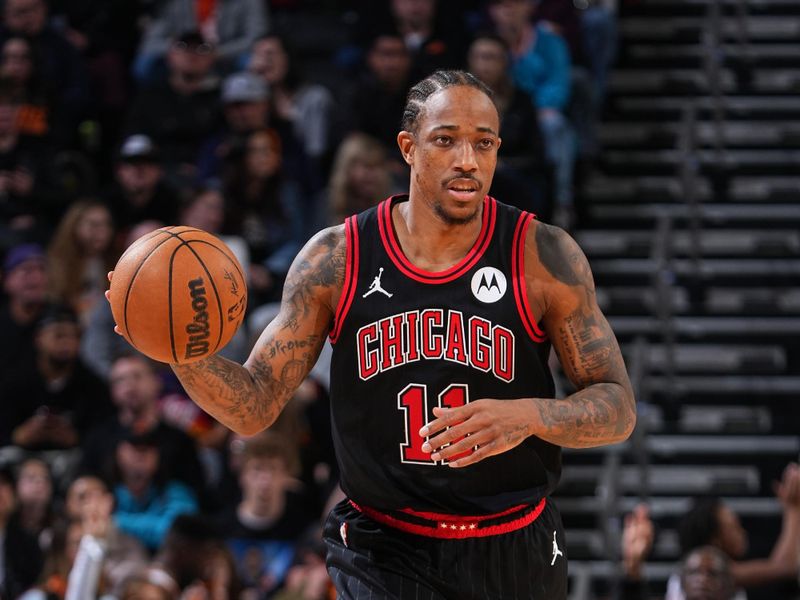 PHOENIX, AZ - JANUARY 22: DeMar DeRozan #11 of the Chicago Bulls dribbles the ball during the game against the Phoenix Suns on January 22, 2024 at Footprint Center in Phoenix, Arizona. NOTE TO USER: User expressly acknowledges and agrees that, by downloading and or using this photograph, user is consenting to the terms and conditions of the Getty Images License Agreement. Mandatory Copyright Notice: Copyright 2024 NBAE (Photo by Garrett Ellwood/NBAE via Getty Images)