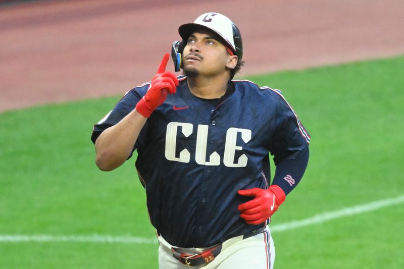 Sep 18, 2024; Cleveland, Ohio, USA; Cleveland Guardians first baseman Josh Naylor (22) celebrates his solo home run in the second inning against the Minnesota Twins at Progressive Field. Mandatory Credit: David Richard-Imagn Images