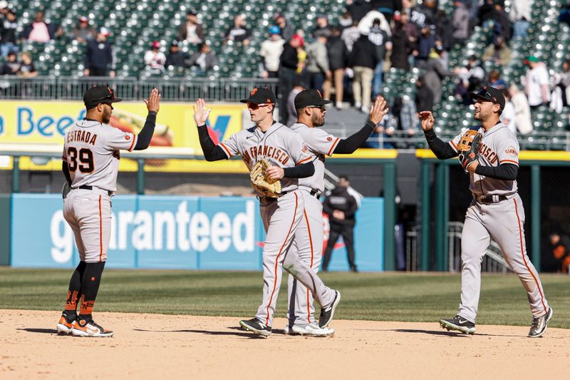 Apr 6, 2023; Chicago, Illinois, USA; San Francisco Giants players celebrate after defeating the Chicago White Sox at Guaranteed Rate Field. Mandatory Credit: Kamil Krzaczynski-USA TODAY Sports