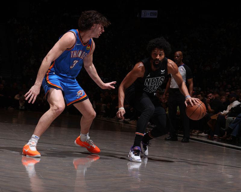 BROOKLYN, NY - JANUARY 5: Josh Giddey #3 of the Oklahoma City Thunder plays defense during the game  against Spencer Dinwiddie #26 of the Brooklyn Nets on January 5, 2024 at Barclays Center in Brooklyn, New York. NOTE TO USER: User expressly acknowledges and agrees that, by downloading and or using this Photograph, user is consenting to the terms and conditions of the Getty Images License Agreement. Mandatory Copyright Notice: Copyright 2024 NBAE (Photo by Nathaniel S. Butler/NBAE via Getty Images)