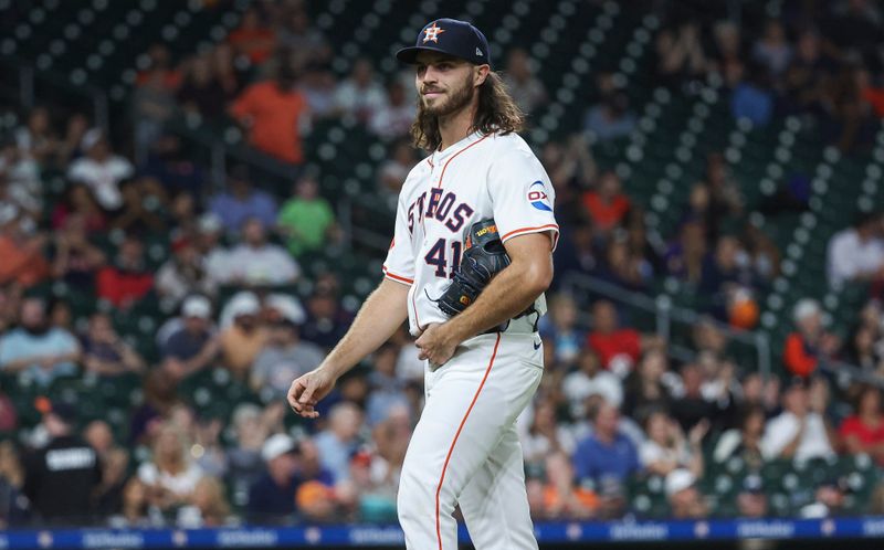 May 2, 2024; Houston, Texas, USA; Houston Astros starting pitcher Spencer Arrighetti (41) walks off the field after a pitching change in the sixth inning against the Cleveland Guardians at Minute Maid Park. Mandatory Credit: Troy Taormina-USA TODAY Sports