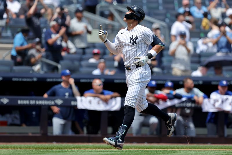 Aug 3, 2024; Bronx, New York, USA; New York Yankees designated hitter Aaron Judge (99) rounds the bases after hitting a two run home run against the Toronto Blue Jays during the first inning at Yankee Stadium. Mandatory Credit: Brad Penner-USA TODAY Sports