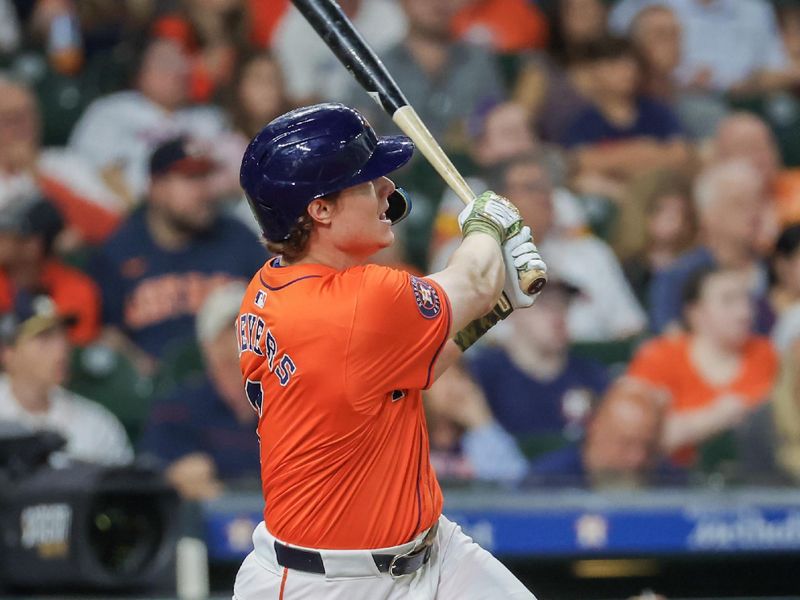 May 17, 2024; Houston, Texas, USA; Houston Astros center fielder Jake Meyers (6) hits a two-run home run against the Milwaukee Brewers in the second inning at Minute Maid Park. Mandatory Credit: Thomas Shea-USA TODAY Sports