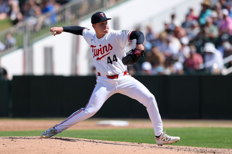 Feb 27, 2026; Fort Myers, Florida, USA; Minnesota Twins starting pitcher Cole Sands (44) throws a pitch against the New York Yankees in the second inning during spring training at Lee Health Sports Complex/Hammond Stadium. Mandatory Credit: Nathan Ray Seebeck-Imagn Images
