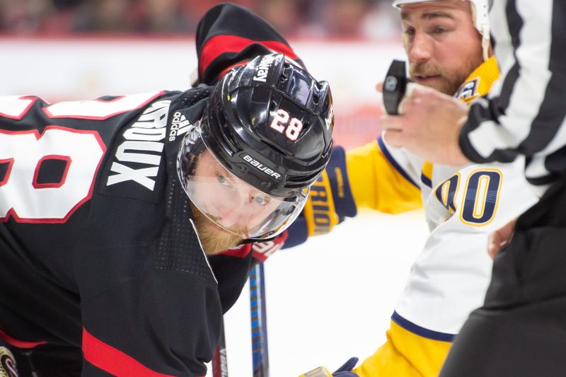 Jan 29, 2024; Ottawa, Ontario, CAN; Ottawa Senators right wing Claude Giroux (28) faces off against Nashville Predators center Ryan O'Reilly (90) in the second period at the Canadian Tire Centre. Mandatory Credit: Marc DesRosiers-USA TODAY Sports