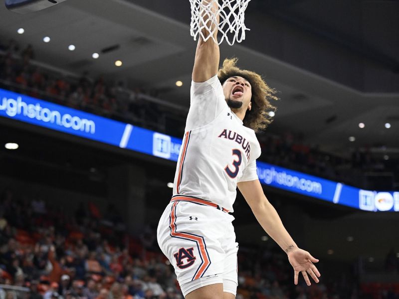 Feb 14, 2023; Auburn, Alabama, USA; Auburn Tigers guard Tre Donaldson (3) dunks the ball against the Missouri Tigers during the second half at Neville Arena. Mandatory Credit: Julie Bennett-USA TODAY Sports