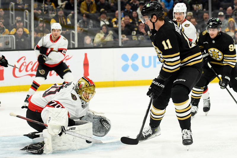 Mar 19, 2024; Boston, Massachusetts, USA;  Ottawa Senators goaltender Joonas Korpisalo (70) makes a save on Boston Bruins center Trent Frederic (11) during the first period at TD Garden. Mandatory Credit: Bob DeChiara-USA TODAY Sports