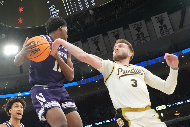 Mar 12, 2026; Chicago, IL, USA; Purdue Boilermakers guard Braden Smith (3) defends Northwestern Wildcats guard Jordan Clayton (11) during the first half at United Center. Mandatory Credit: David Banks-Imagn Images Mar 12, 2026; Chicago, IL, USA; Purdue Boilermakers guard Braden Smith (3) defends Northwestern Wildcats guard Jordan Clayton (11) during the first half at United Center. Mandatory Credit: David Banks-Imagn Images