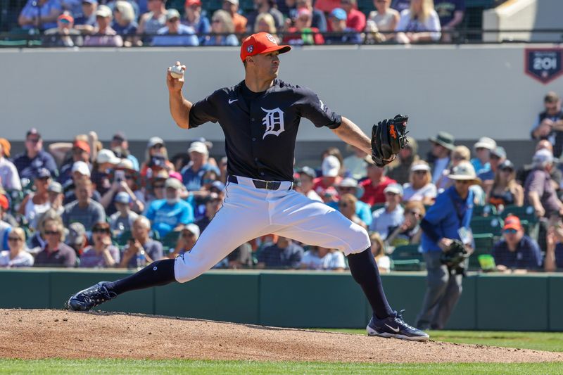 Feb 26, 2024; Lakeland, Florida, USA; Detroit Tigers starting pitcher Jack Flaherty (45) pitches during the first inning against the Houston Astros at Publix Field at Joker Marchant Stadium. Mandatory Credit: Mike Watters-USA TODAY Sports
