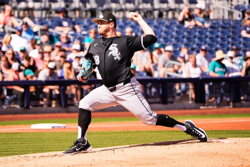 Feb 24, 2026; Peoria, Arizona, USA;  Chicago White Sox pitcher Anthony Kay (18) throws to the plate during the first inning against the Seattle Mariners in Peoria, Arizona. Mandatory Credit: Arianna Grainey-Imagn Images
