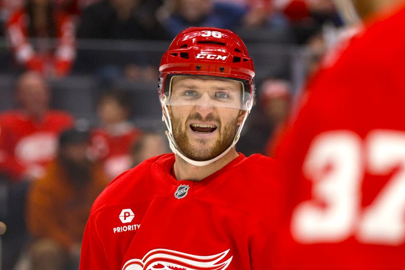 Nov 2, 2024; Detroit, Michigan, USA; Detroit Red Wings right wing Christian Fischer (36) looks on during the first inning of the game against the Buffalo Sabres at Little Caesars Arena. Mandatory Credit: Brian Bradshaw Sevald-Imagn Images