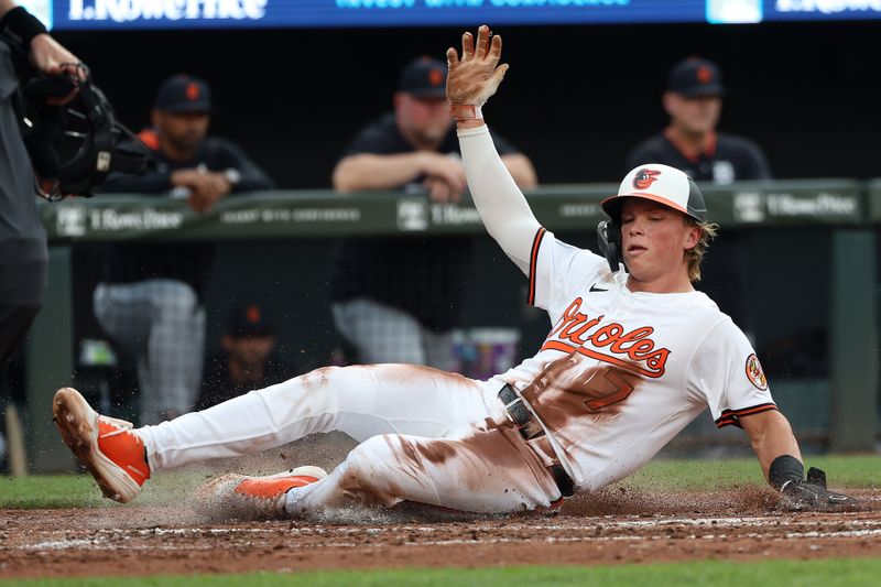 Jun 10, 2025; Baltimore, Maryland, USA; Baltimore Orioles second baseman Jackson Holliday (7) scores during the third inning against the Detroit Tigers at Oriole Park at Camden Yards. Mandatory Credit: Daniel Kucin Jr.-Imagn Images