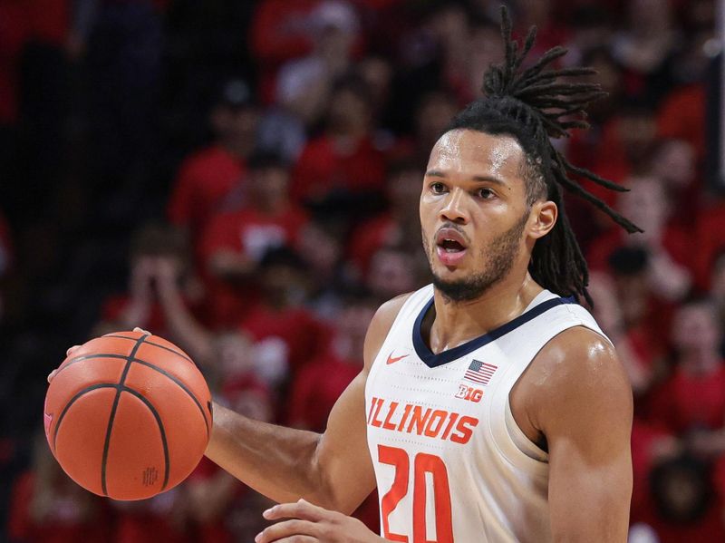 Dec 2, 2023; Piscataway, New Jersey, USA; Illinois Fighting Illini forward Ty Rodgers (20) dribbles the ball against the Rutgers Scarlet Knights during the first half at Jersey Mike's Arena. Mandatory Credit: Vincent Carchietta-USA TODAY Sports