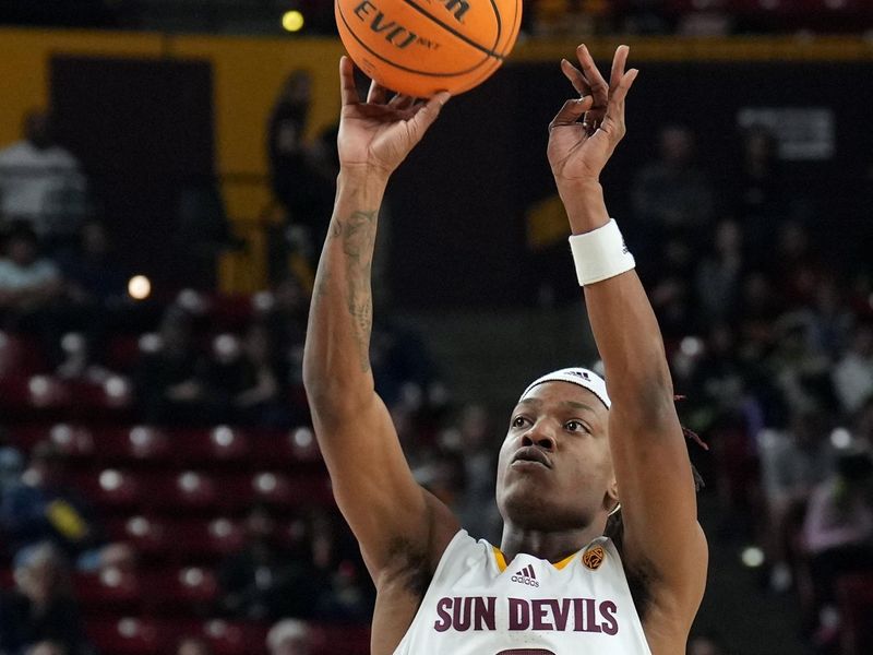 Feb 2, 2023; Tempe, Arizona, USA; Arizona State Sun Devils guard DJ Horne (0) shoots against the Oregon State Beavers during the second half at Desert Financial Arena. Mandatory Credit: Joe Camporeale-USA TODAY Sports