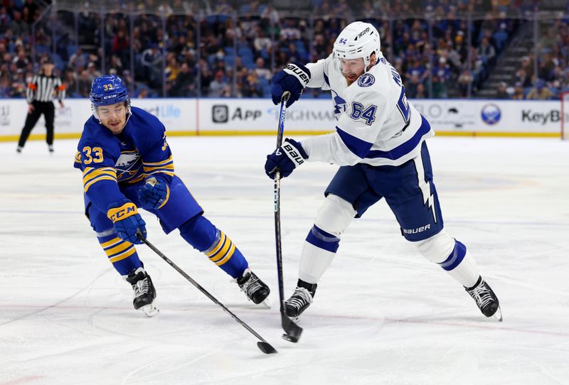 Jan 20, 2024; Buffalo, New York, USA;  Buffalo Sabres defenseman Ryan Johnson (33) tries to block a shot by Tampa Bay Lightning center Tyler Motte (64) during the first period at KeyBank Center. Mandatory Credit: Timothy T. Ludwig-USA TODAY Sports