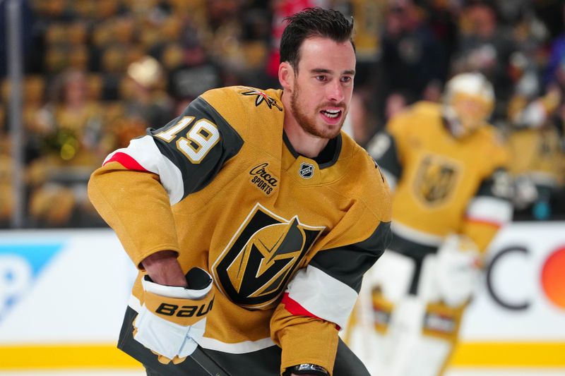 May 8, 2025; Las Vegas, Nevada, USA; Vegas Golden Knights right wing Reilly Smith (19) warms up before game two of the second round of the 2025 Stanley Cup Playoffs against the Edmonton Oilers at T-Mobile Arena. Mandatory Credit: Stephen R. Sylvanie-Imagn Images