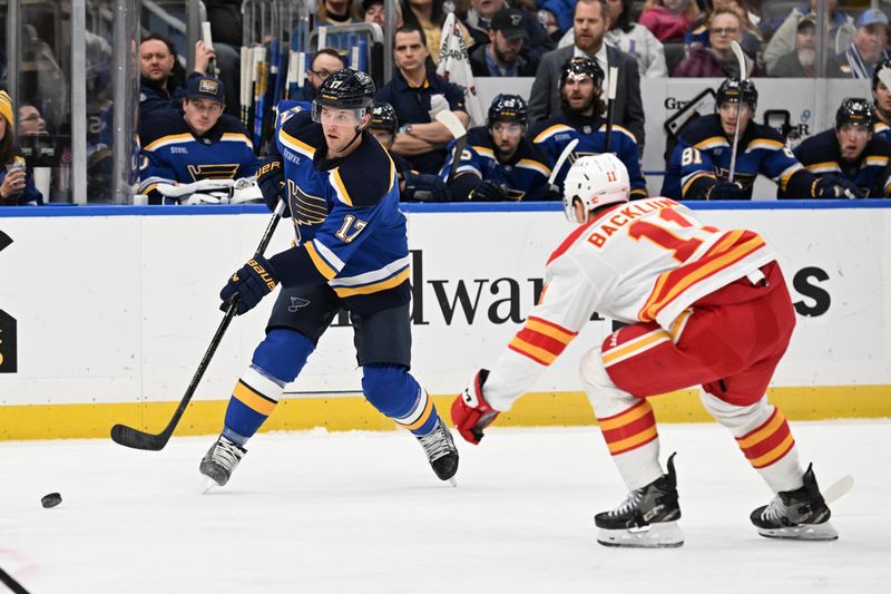 Jan 14, 2025; St. Louis, Missouri, USA; Calgary Flames center Mikael Backlund (11) pressures St. Louis Blues defenseman Cam Fowler (17) as he makes a pass in the second period at Enterprise Center. Mandatory Credit: Joe Puetz-Imagn Images