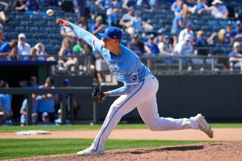 May 22, 2024; Kansas City, Missouri, USA; Kansas City Royals pitcher James McArthur (66) delivers a pitch against the Detroit Tigers in the ninth inning at Kauffman Stadium. Mandatory Credit: Denny Medley-USA TODAY Sports