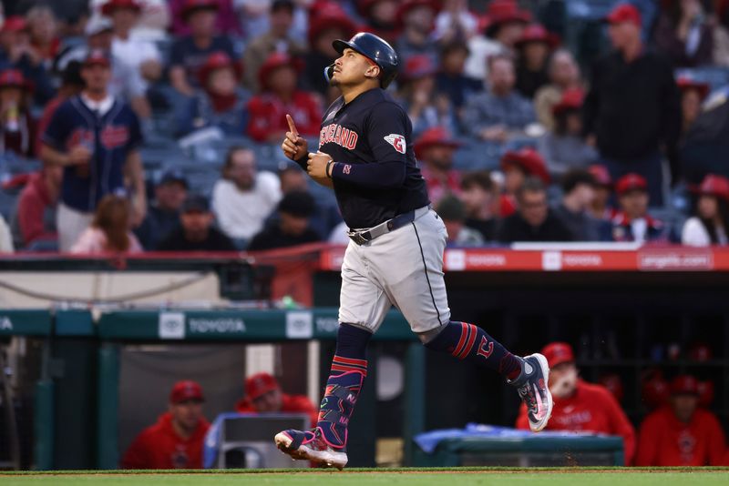 May 24, 2024; Anaheim, California, USA; Cleveland Guardians first base Josh Naylor (22) gestures after hitting a home run against the Los Angeles Angels during fourth inning of a game at Angel Stadium. Mandatory Credit: Jessica Alcheh-USA TODAY Sports