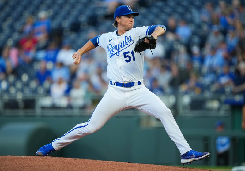 Aug 14, 2023; Kansas City, Missouri, USA; Kansas City Royals starting pitcher Brady Singer (51) pitches during the first inning against the Seattle Mariners at Kauffman Stadium. Mandatory Credit: Jay Biggerstaff-USA TODAY Sports