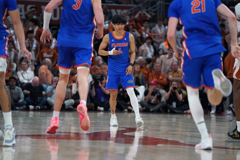 Feb 25, 2026; Austin, Texas, USA; Florida Gators guard Xaivian Lee (1) celebrates a basket during the second half against the Texas Longhorns at Moody Center. Mandatory Credit: Dustin Safranek-Imagn Images