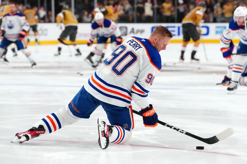 May 6, 2025; Las Vegas, Nevada, USA;Edmonton Oilers right wing Corey Perry (90) warms up before game one against the Vegas Golden Knights in the second round of the 2025 Stanley Cup Playoffs at T-Mobile Arena. Mandatory Credit: Stephen R. Sylvanie-Imagn Images