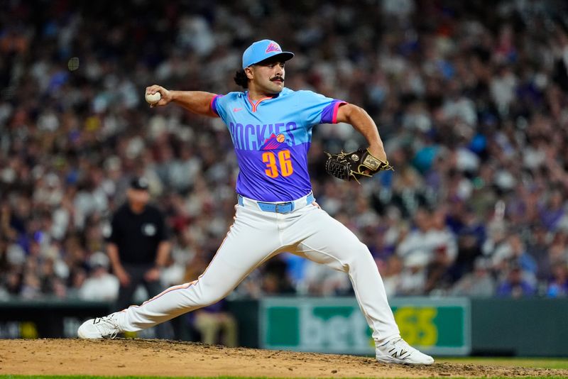 May 23, 2025; Denver, Colorado, USA; Colorado Rockies relief pitcher Zach Agnos (36) delivers a pitch in the ninth inning against the New York Yankees at Coors Field. Mandatory Credit: Ron Chenoy-Imagn Images