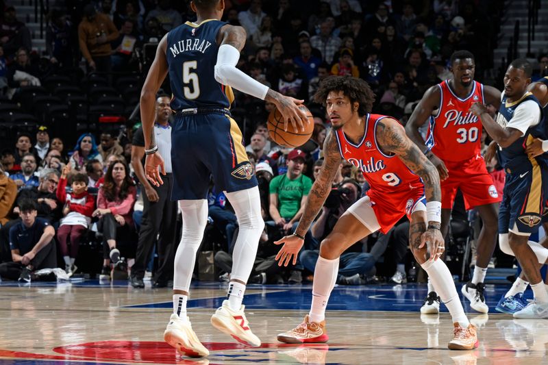 PHILADELPHIA, PA - JANUARY 10: Kelly Oubre Jr. #9 of the Philadelphia 76ers plays defense during the game against the New Orleans Pelicans on January 10, 2025 at the Wells Fargo Center in Philadelphia, Pennsylvania NOTE TO USER: User expressly acknowledges and agrees that, by downloading and/or using this Photograph, user is consenting to the terms and conditions of the Getty Images License Agreement. Mandatory Copyright Notice: Copyright 2025 NBAE (Photo by David Dow/NBAE via Getty Images)