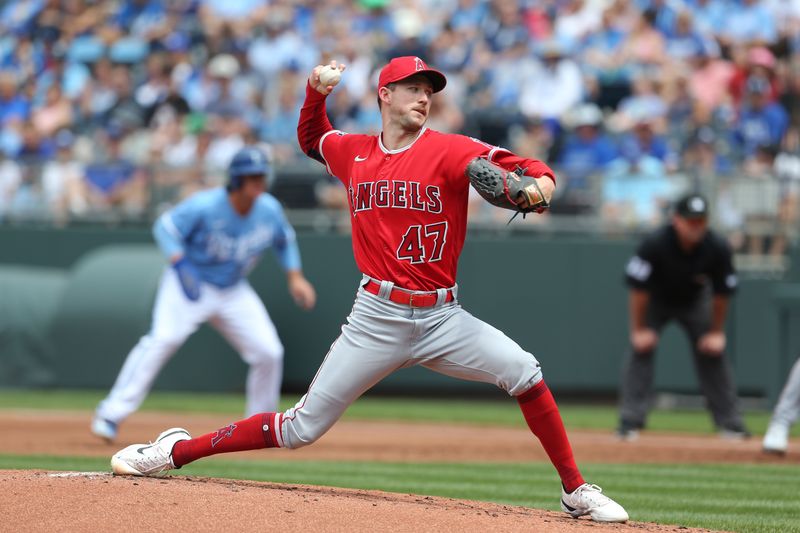 Jun 17, 2023; Kansas City, Missouri, USA; Los Angeles Angels starting pitcher Griffin Canning (47) pitches during the first inning against the Kansas City Royals at Kauffman Stadium. Mandatory Credit: Scott Sewell-USA TODAY Sports