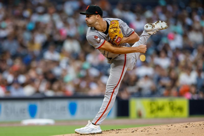 Sep 6, 2024; San Diego, California, USA; San Francisco Giants starting pitcher Mason Black (47) throws a pitch during the first inning against the San Diego Padres at Petco Park. Mandatory Credit: David Frerker-Imagn Images