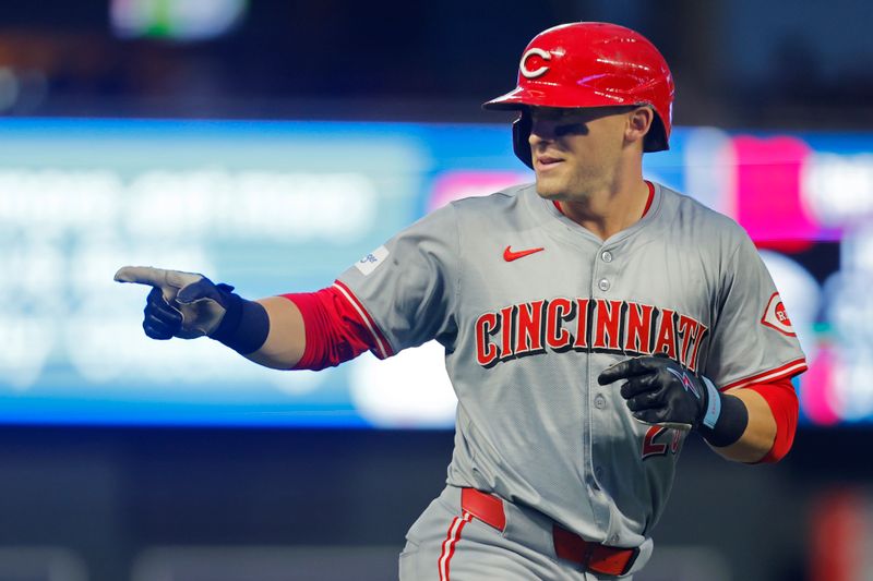 Sep 14, 2024; Minneapolis, Minnesota, USA; Cincinnati Reds center fielder TJ Friedl (29) runs the bases and celebrates after hitting a two run home run against the Minnesota Twins in the fourth inning at Target Field. Mandatory Credit: Bruce Kluckhohn-Imagn Images