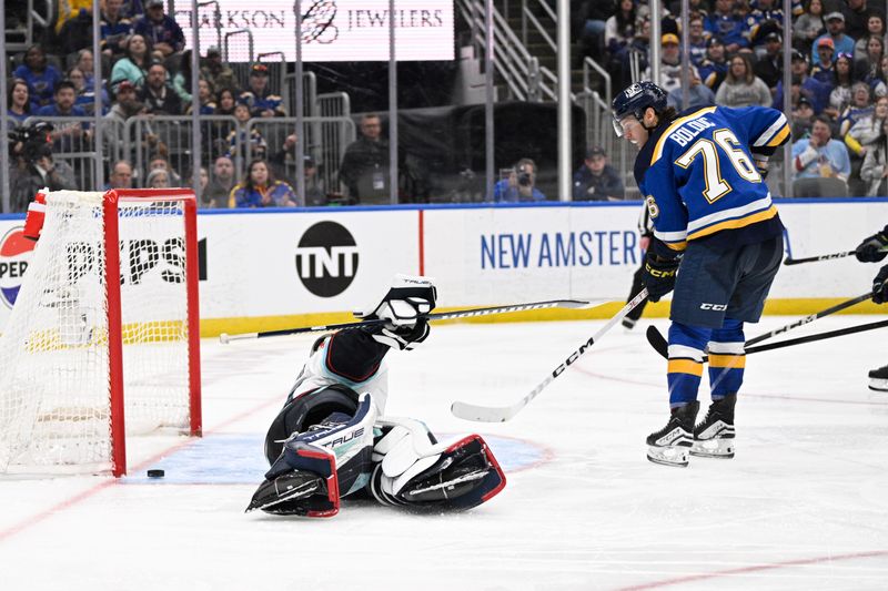 Apr 14, 2024; St. Louis, Missouri, USA; St. Louis Blues center Zack Bolduc (76) hits the post behind Seattle Kraken goaltender Joey Daccord (35) during the second period at Enterprise Center. Mandatory Credit: Jeff Le-USA TODAY Sports