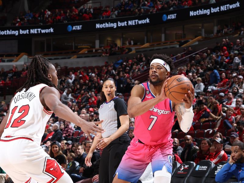 CHICAGO, IL - FEBRUARY 26: Jordan Goodwin #7 of the Washington Wizards handles the ball during the game against the Chicago Bulls on February 26, 2023 at United Center in Chicago, Illinois. NOTE TO USER: User expressly acknowledges and agrees that, by downloading and or using this photograph, User is consenting to the terms and conditions of the Getty Images License Agreement. Mandatory Copyright Notice: Copyright 2023 NBAE (Photo by Jeff Haynes/NBAE via Getty Images)